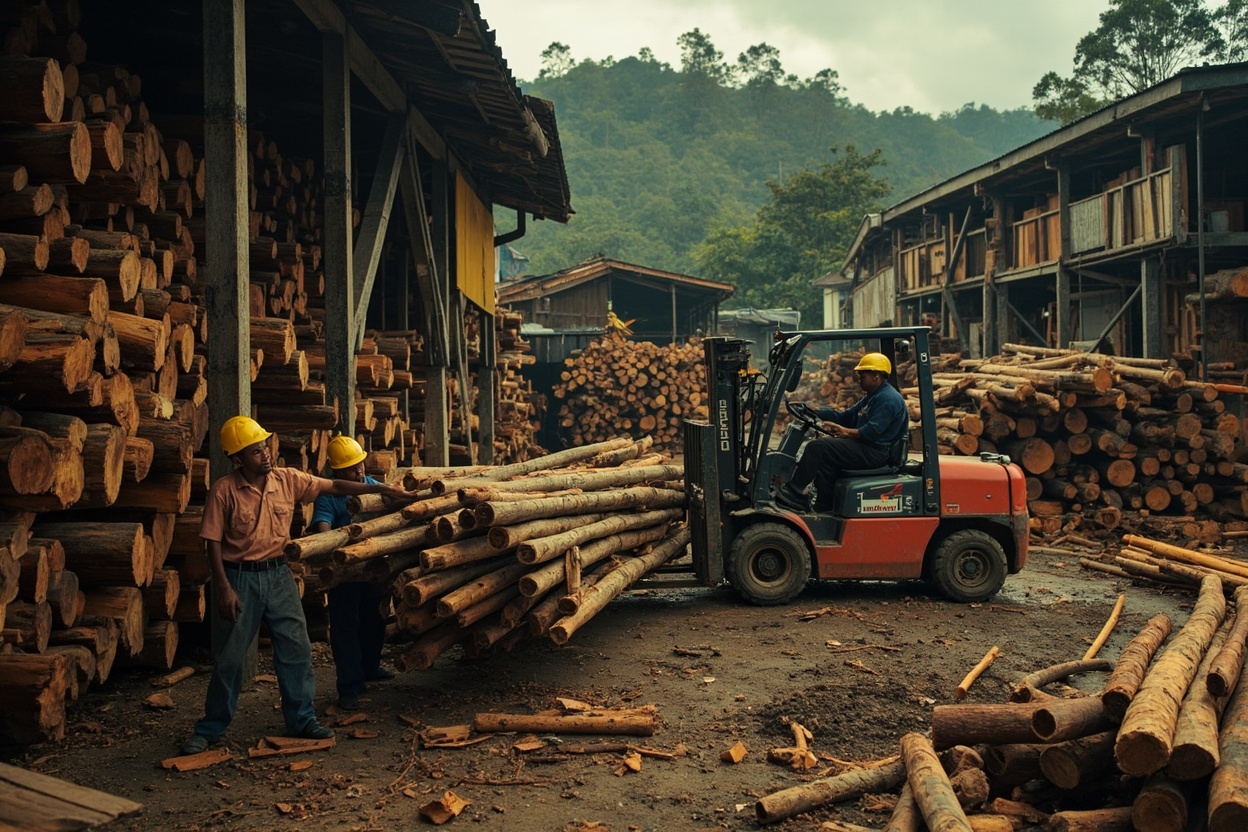 Stacked timber planks in workshop